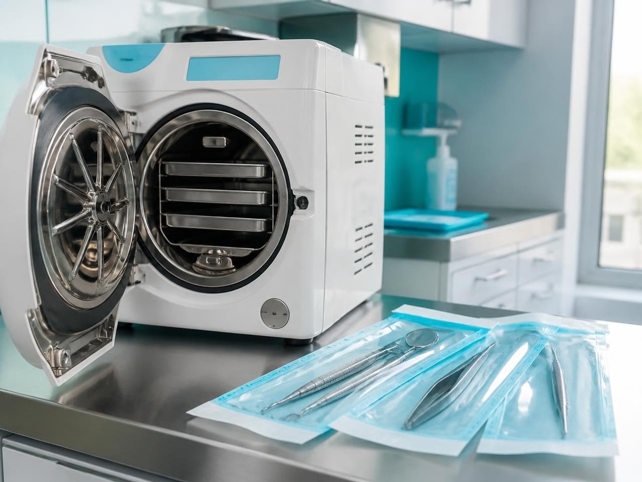 Sterilisation bay — Autoclaved, pouched instruments opened in front of you
