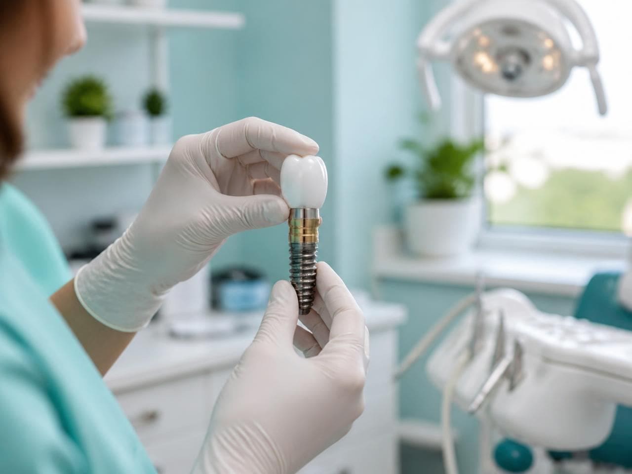 Implant restoration — A missing molar replaced root-and-crown with a titanium implant