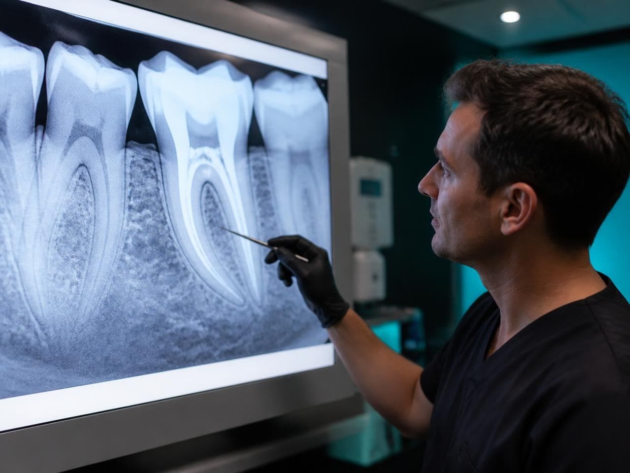 Dentist reading a root canal X-ray of a molar on a backlit screen