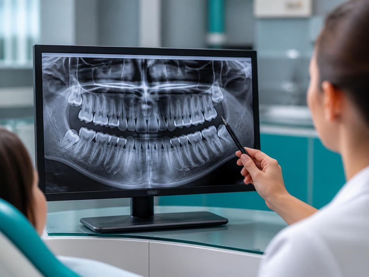 Panoramic OPG X-ray showing impacted wisdom teeth being explained to a patient